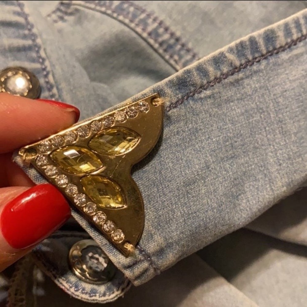 Vintage Cristina V embellished bling Crystal Western Country Denim Shirt Top M - Picture 12 of 12
